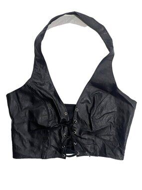 LEATHER LINGERIE Lace Up Halter Top Black XL Biker Fetish Edgy Grunge Goth Moto